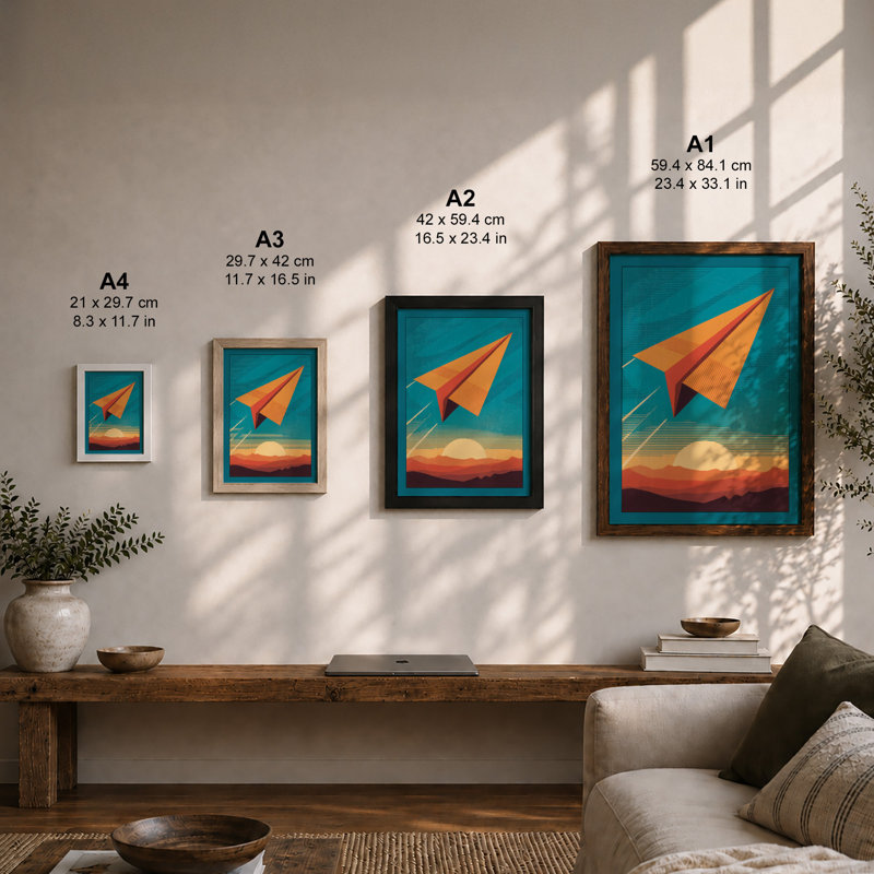 Paper Plane at Dawn Retro 1 Piece Single Picture Frame Wall Art, A2 - 59.4 x 42.0 cm, White