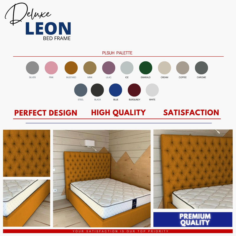 Leon Deshler Upholstered Bed Frame - Plush Velvet with Headboard and Sprung Slats, Super King (6'), Mustard