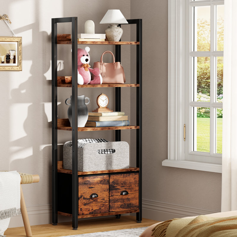 60.83"H X 20"W Modern Wooden-Metal Bookshelf with 2- fabric Drawers, 5-Tier, Rustic Brown