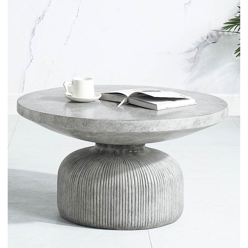 Table basse moderne moderne en ciment avec couvercle rond gris patiné et table de support à piédestal