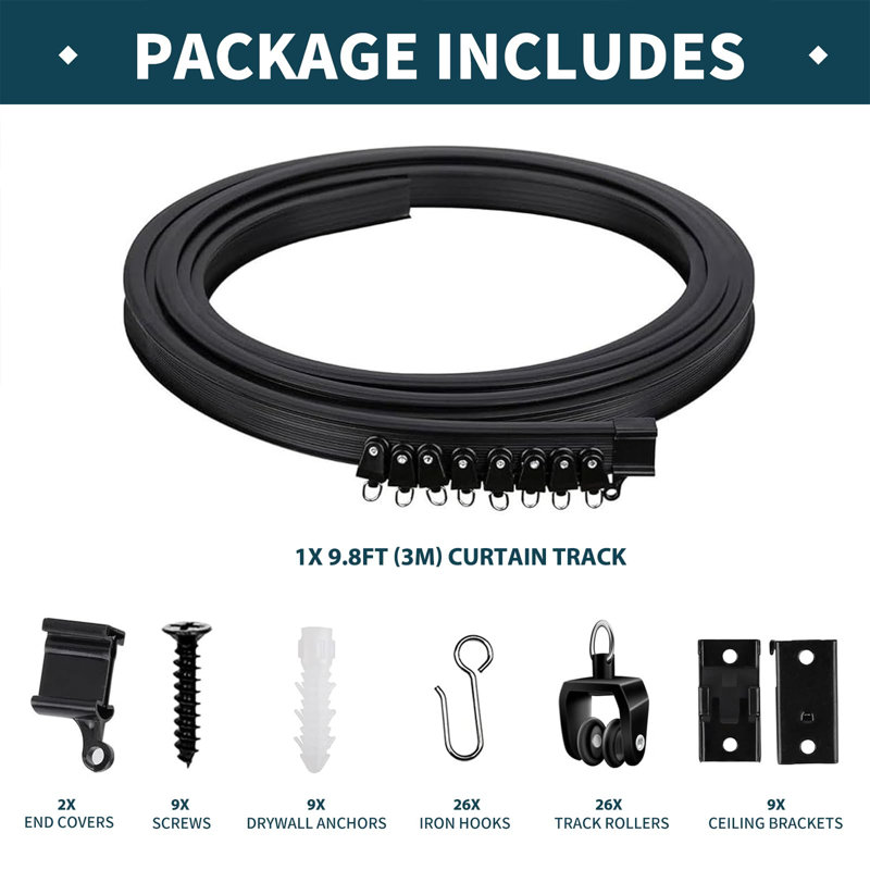 Rail de rideau flexible pliable, PVC, 16,4 pi (5 m), métal, plastique et acier inoxydable, noir, fixation au plafond