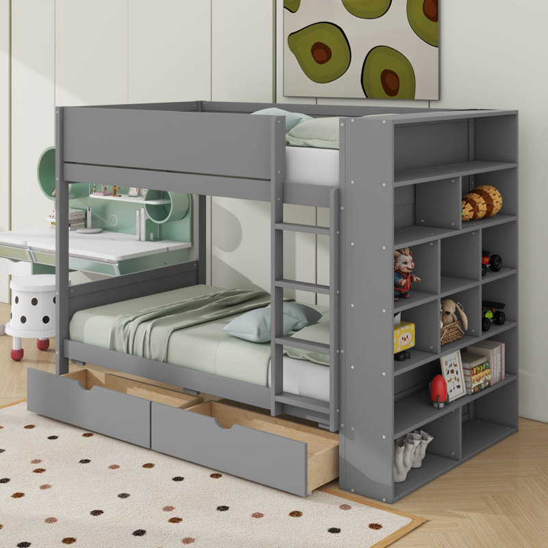 Lit superposé avec tiroirs et armoire, Simple sur simple, Gris