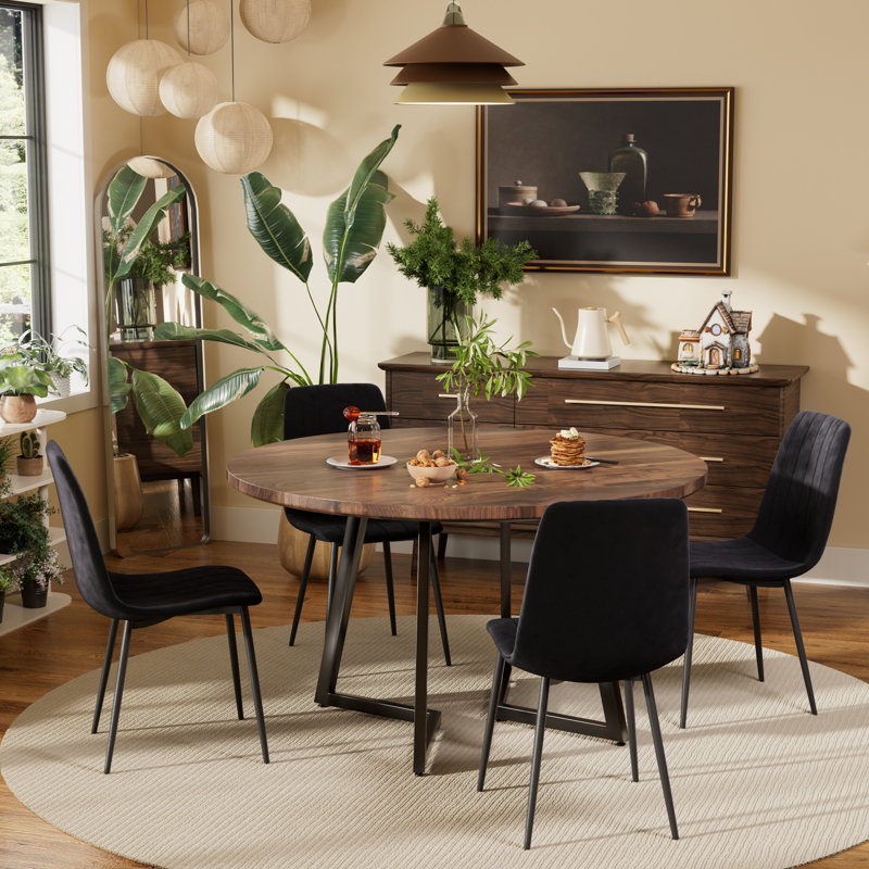Ensemble de table de salle à manger ronde avec chaises en tissu d'ameublement en velours, 5, Noyer, Noir