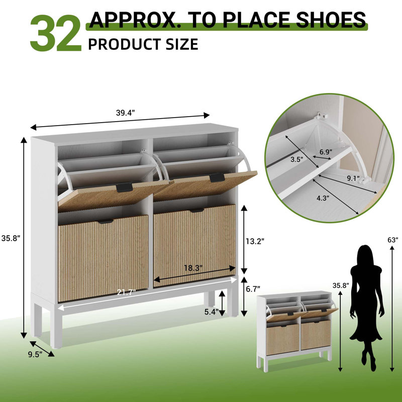 Armoire à chaussures avec 4 tiroirs rabattables, range-chaussures cannelé Farmhouse avec pieds en métal, Blanc