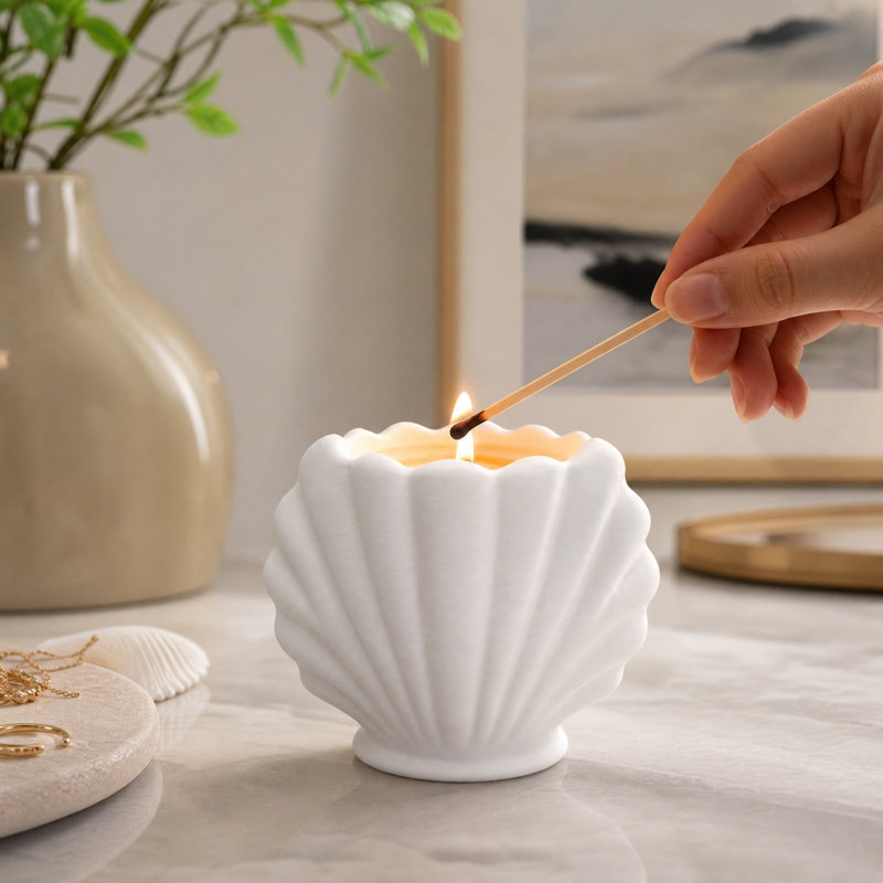 Bougeoir en plastique blanc mat en forme de coquillage, pour chandelle parfumée, style nautique, à poser sur une table ou dans une salle de bain.