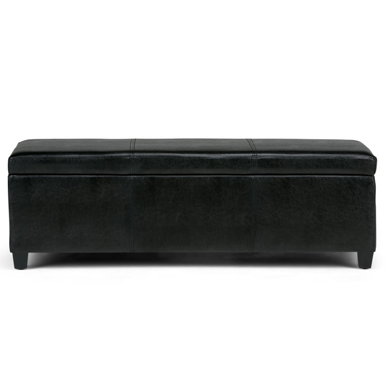 Avalon 48"W Upholstered Storage Ottoman Bench with Large Interior Storage, Midnight Black Faux Leather
