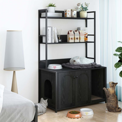 Grand bac à litière avec rangement pour tablette, salle de bain pour chat caché, maison pour chat en bois avec patin à griffes, armoire pour chat robuste