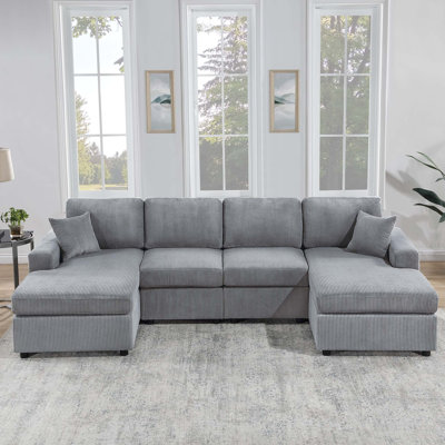 2-Piece Corduroy Upholstered Sectional With 2 Throw Pillows In Fog