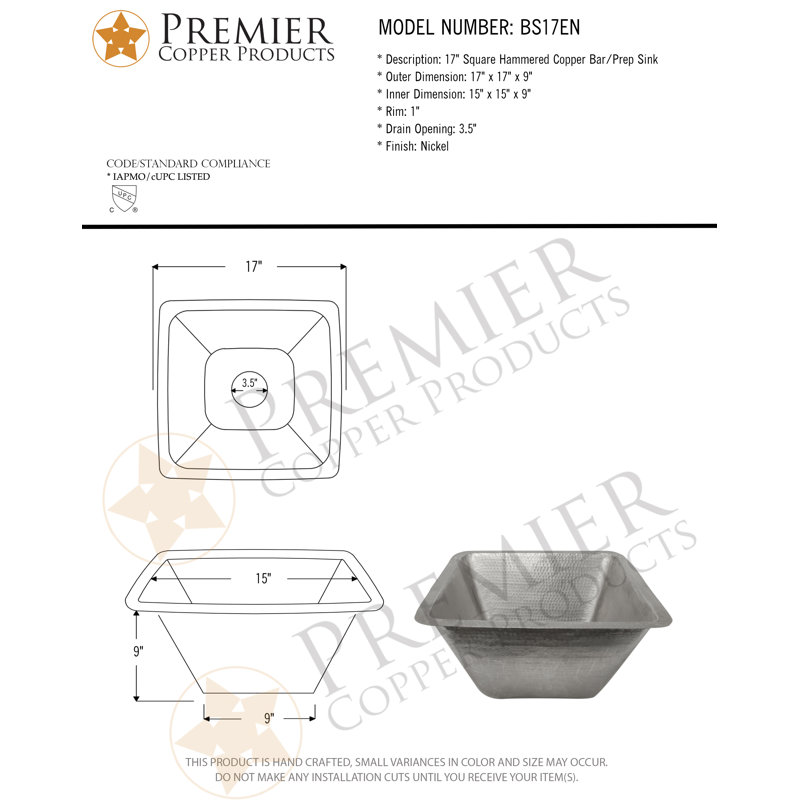 17" Hammered Nickel-Plated Copper Square Bar Sink