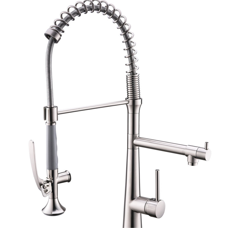 Commercial Style Kitchen Faucet With 360 Degree Swivel Spout And Pre-Rinse Spray In Brushed Nickel Modern Tap Single Handle Rotatable