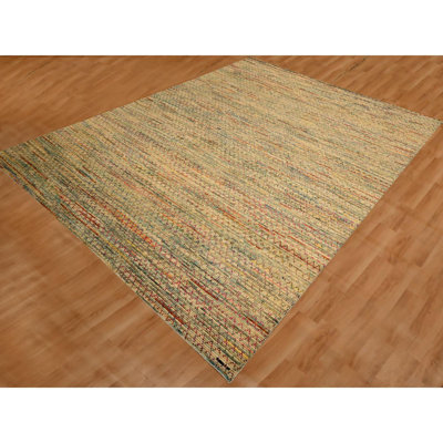 9'1"x12'2" Beige Wool and Sari Silk with Textured Weave Hand Knotted Rug B2DED89B0E05432FAE7EBE8FF2F2F63C
