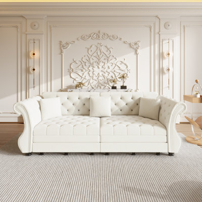 97.6" Velvet Upholstered Pull-Out Sleeper Sofa Bed, Convertible Sofa Chesterfield Sofa With 2 Pillows
