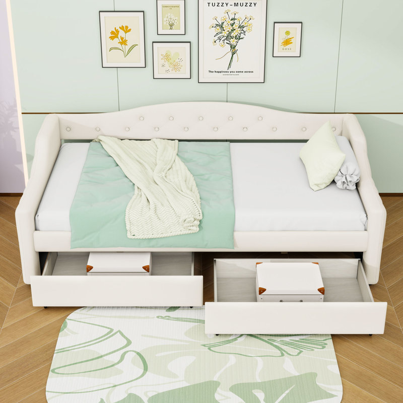 Twin XL Upholstered Daybed with 2 Drawers and LED Belt, Beige
