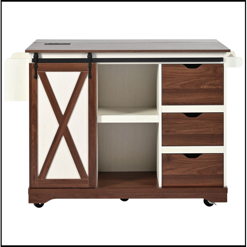 55.5 Inch Farmhouse Kitchen Island with Drop Leaf, Barn Door, Storage, and Power Outlet on Wheels for Home and Dining, White