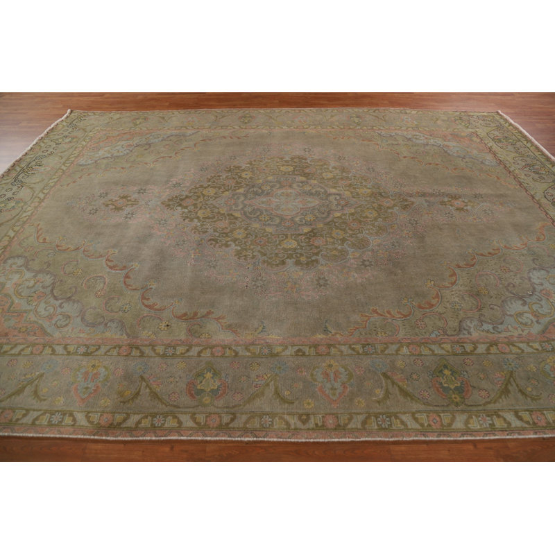 Tapis persan Tabriz patiné vieilli noué à la main 9 x 13