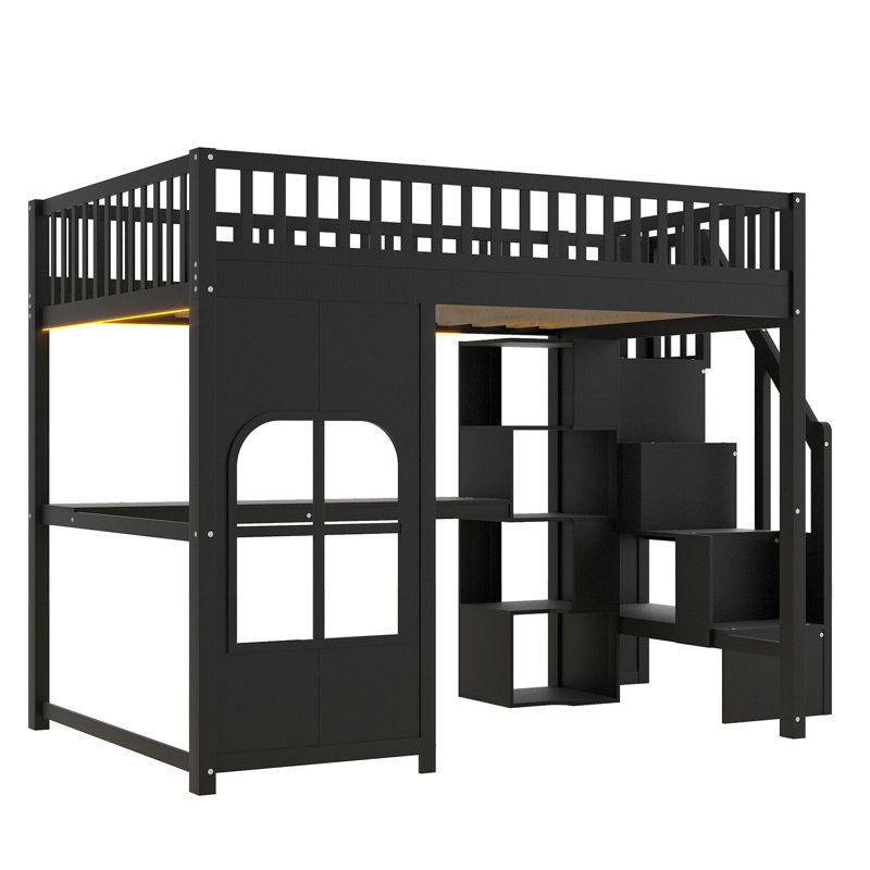 Lit mezzanine avec DEL, USB et fenêtre, Lit double, Noir