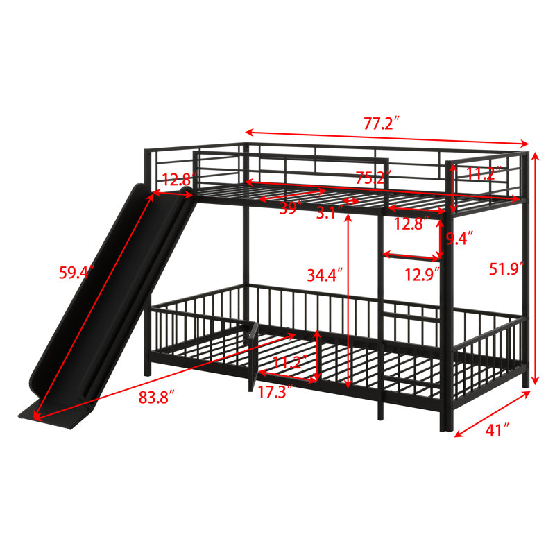 Lit superposé avec porte coulissante, cadre de lit superposé en métal avec barrière de sécurité et échelle pour enfants, Noir