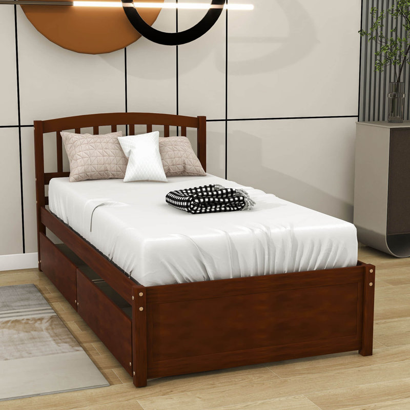 Lit plateforme simple avec tiroirs et rangement, Noyer