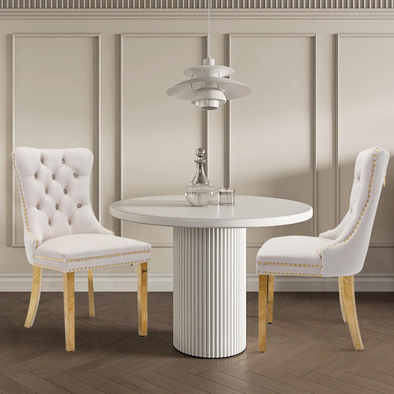 Chaise de salle à manger en velours avec anneau à dossier et pieds en bois massif, 2, Beige, Doré