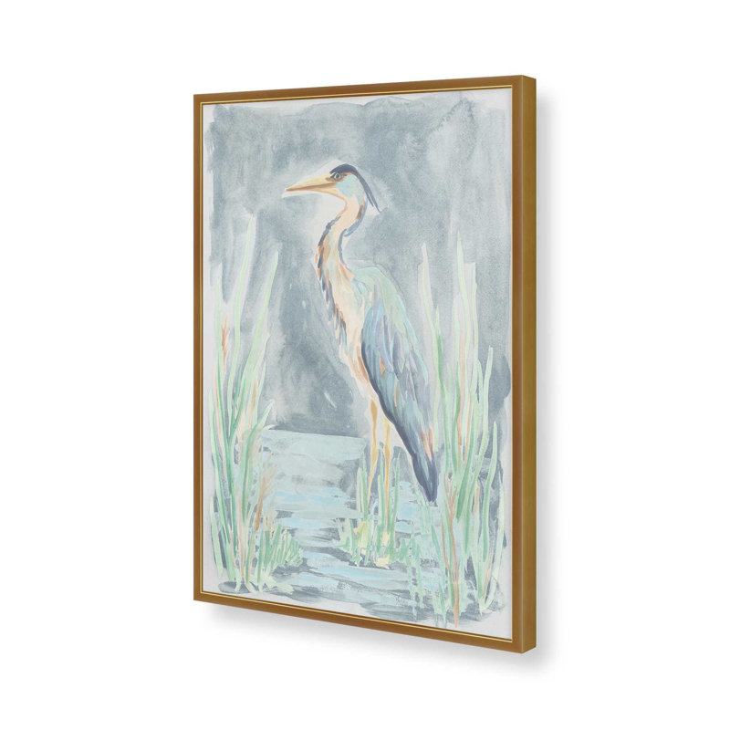Reproduction d'art sur toile Teal Heron Lagoon II par June Erica Vess, Impression sur cadre ouvert sans papier mat, Doré