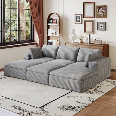 Compression Sofas, 102 Inch Grey Corduroy Modern Modular Couch For Home