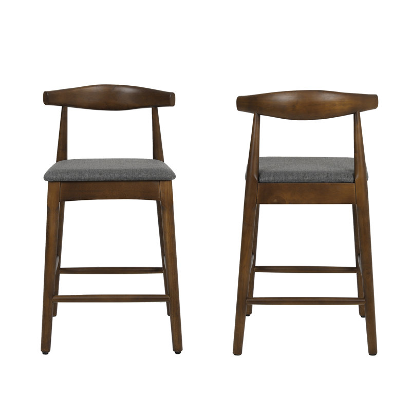 Ensemble de 2 tabourets de bar en bois massif avec repose-pieds, Siège gris foncé / structure en noyer