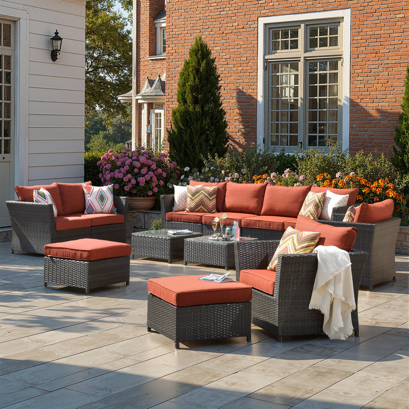12-Piece Outdoor Rattan Wicker Modular Patio Conversation Set with Cushions, Orange