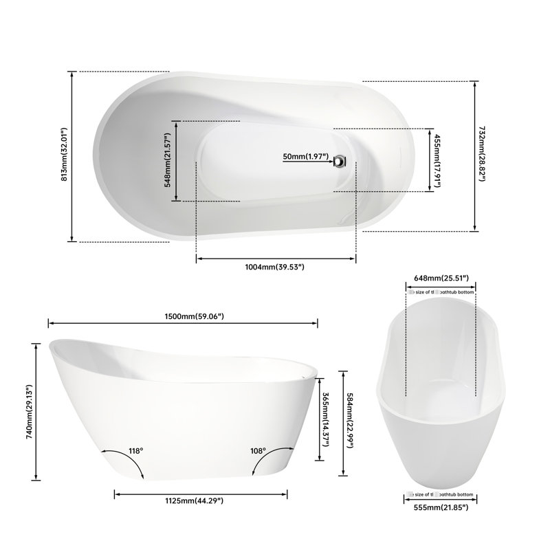 White Acrylic Stand Alone Oval - Shape High Back Soaker Bathtub  5932 Inch , Non Slip Feature And Stain Finish, No Drains Included Standard Surface, Easy To Clean,