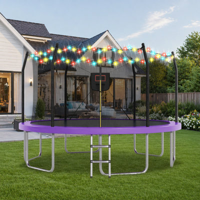 14FT Trampoline with Lights and Basketball Hoop, Safe and Durable for Family Fun, Outdoor Recreational Equipment