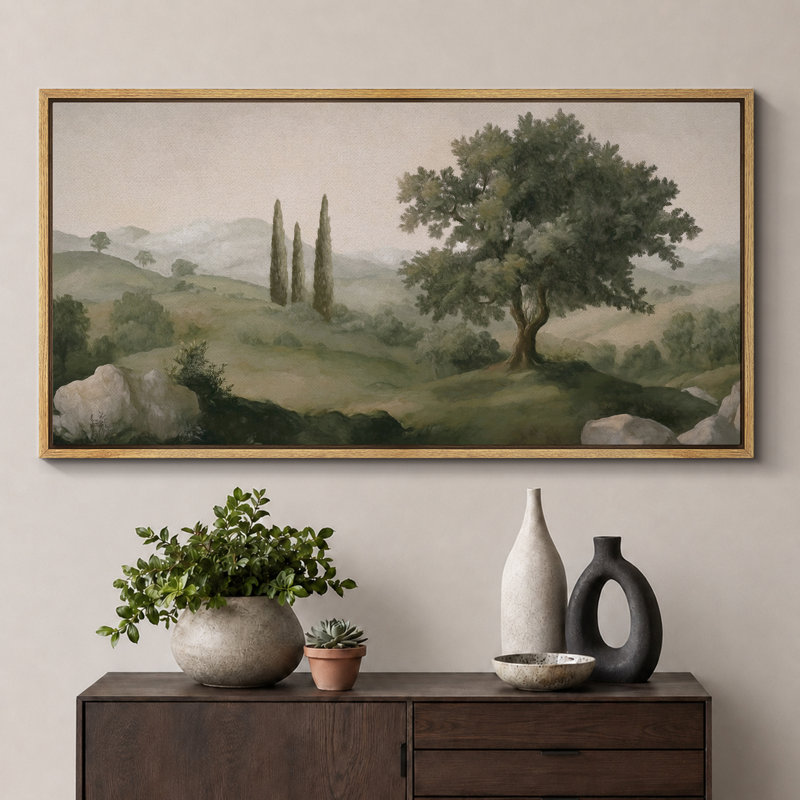 «Tuscan Hills and Cypress Trees», impression sur toile encadrée - décor de paysage méditerranéen, Naturel, H 30 po x l 60 po