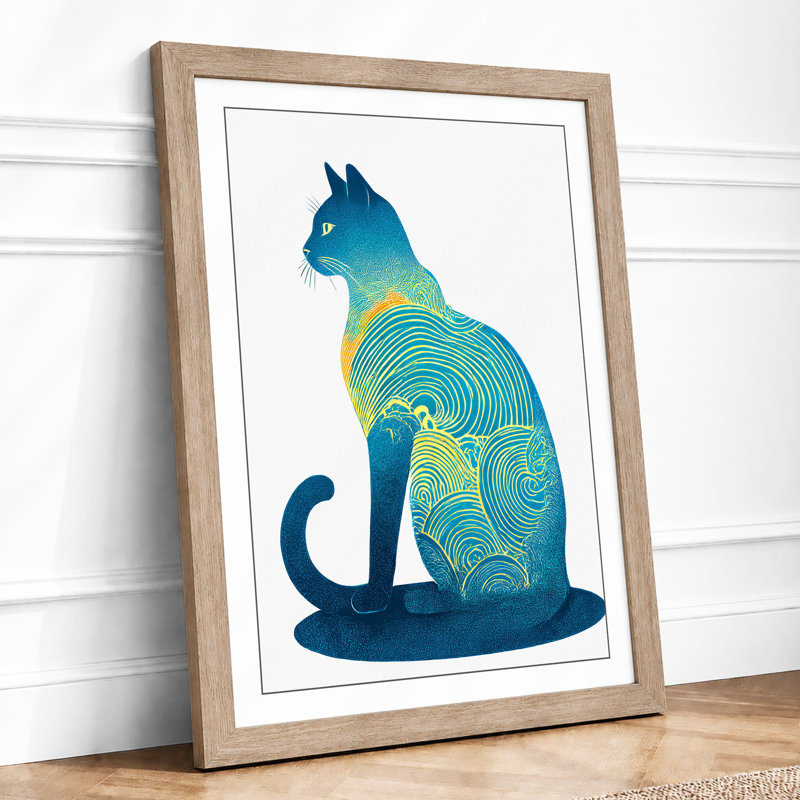 Serene Cat in Blue Boho 1 Piece Single Picture Frame Wall Art, A1 - 84.1 x 59.4 cm, Oak
