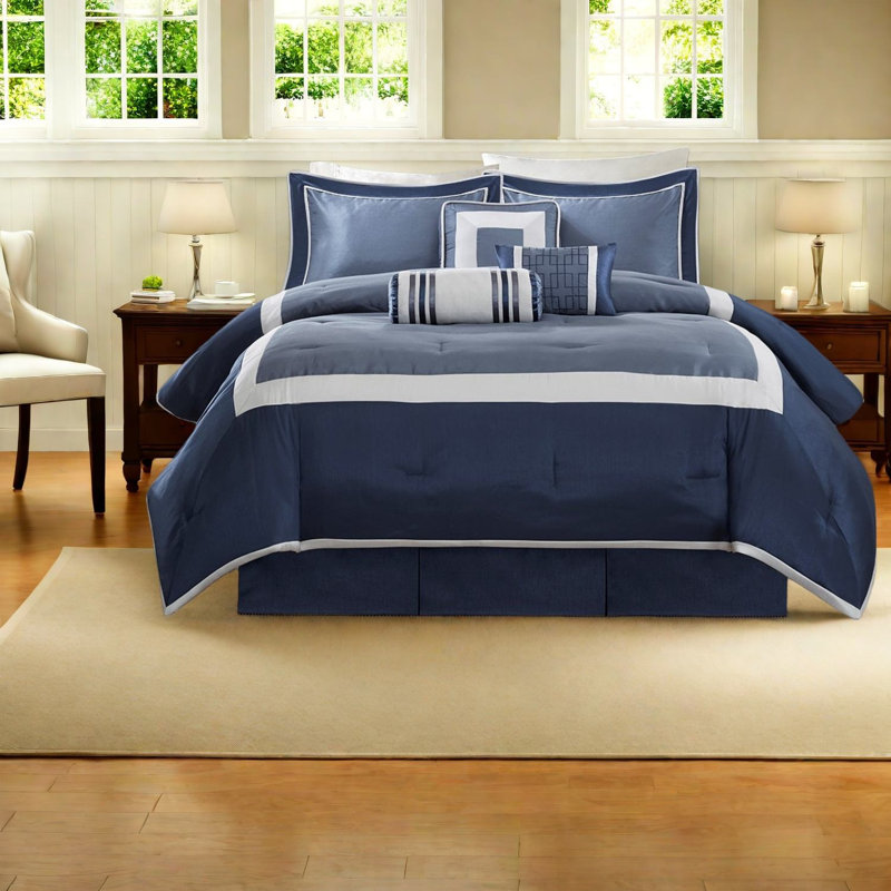Luxurious 7-piece Navy Bedding Sets, Polyester Comfort, Modern Style For Home