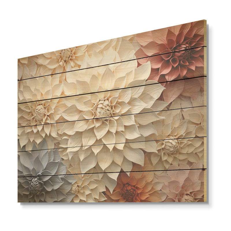 Bouquet de fleurs de dahlia I - art mural en bois de dahlia sur bois de pin naturel, H 30 po x l 40 po