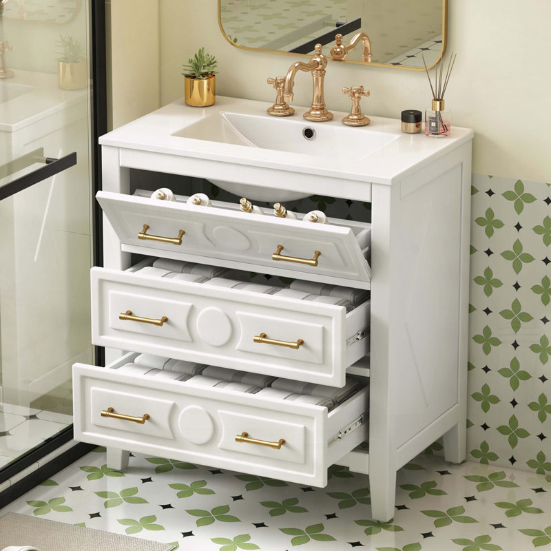 Meuble-lavabo rétro 30 po avec 3 tiroirs et poignées dorées