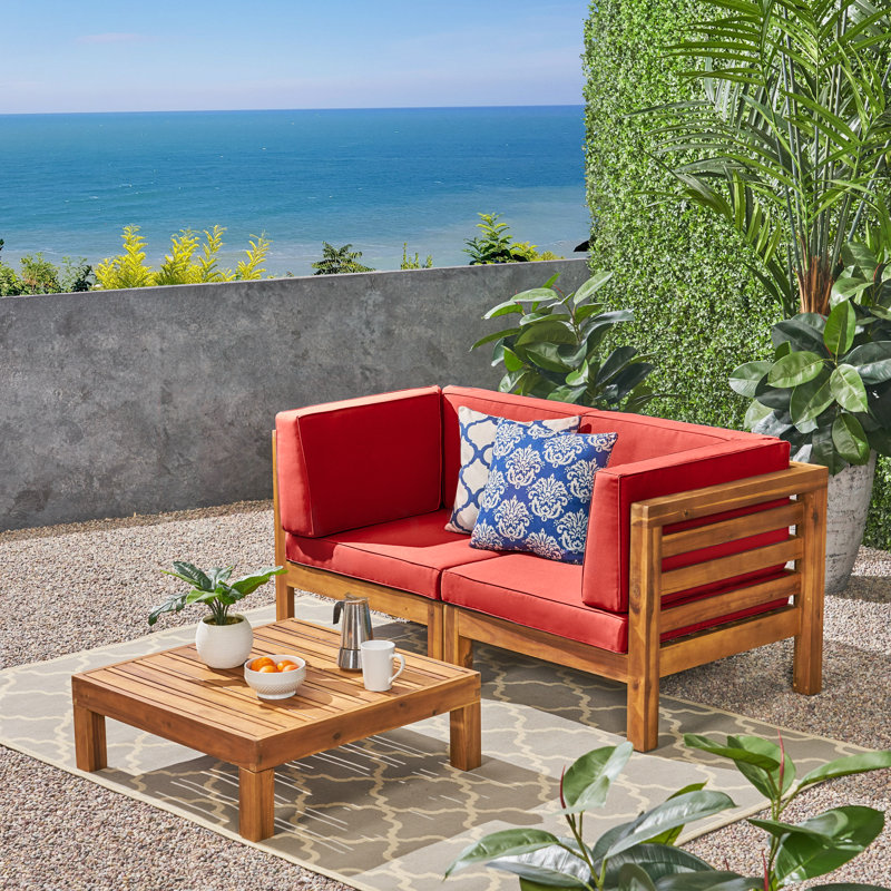 2 - Person Patio Conversation Set with Cushions, Frame: Teak / Cushion: Red