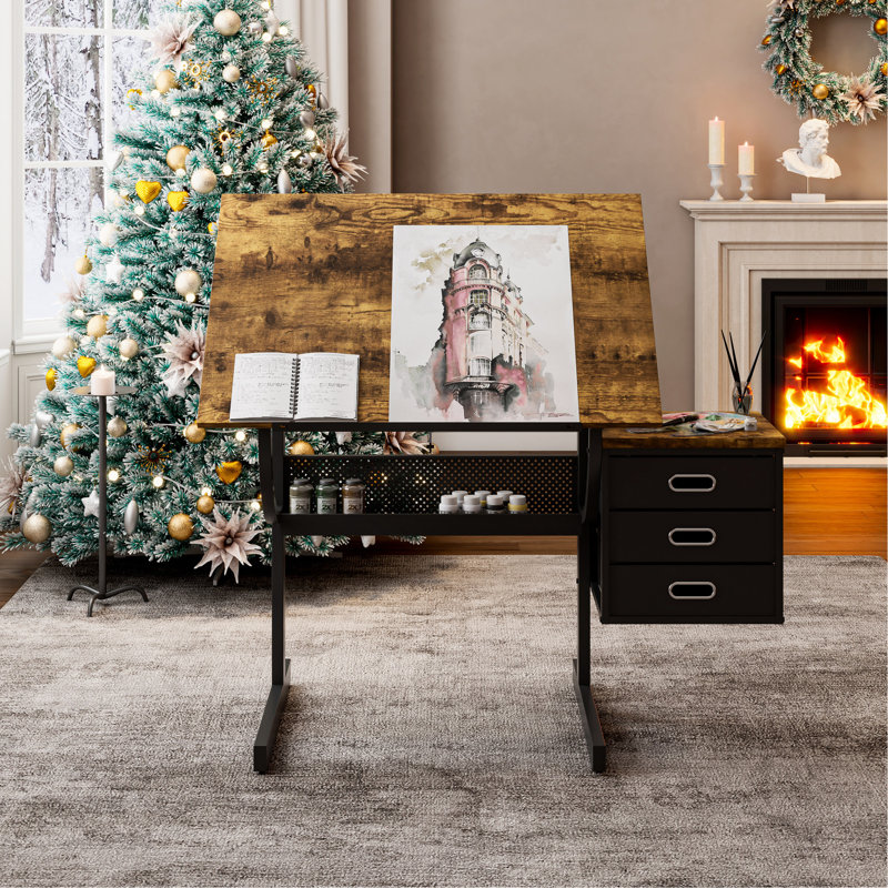 Bureau de dessin noir avec tabouret et rangement pour les tâches de bureau