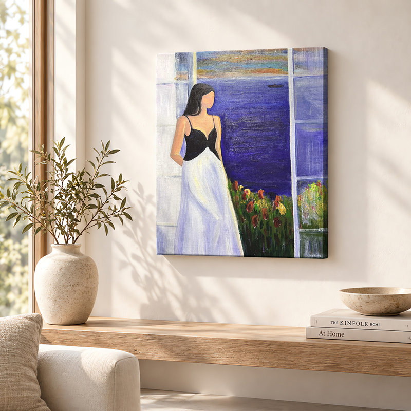«Woman by the Blue Sea», art mural sur toile, H 20 po x l 16 po, Natural Wood Frame