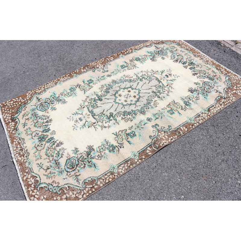 Tapis turc beige tissé à la main à motif floral décoratif pour la maison et le plancher