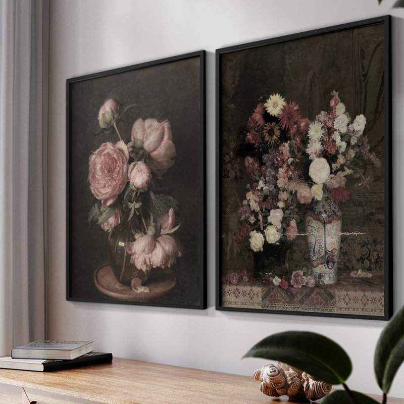 "Vintage Floral 8" - 2 pièces sur papier, Noir, H 14 po x l 22 po