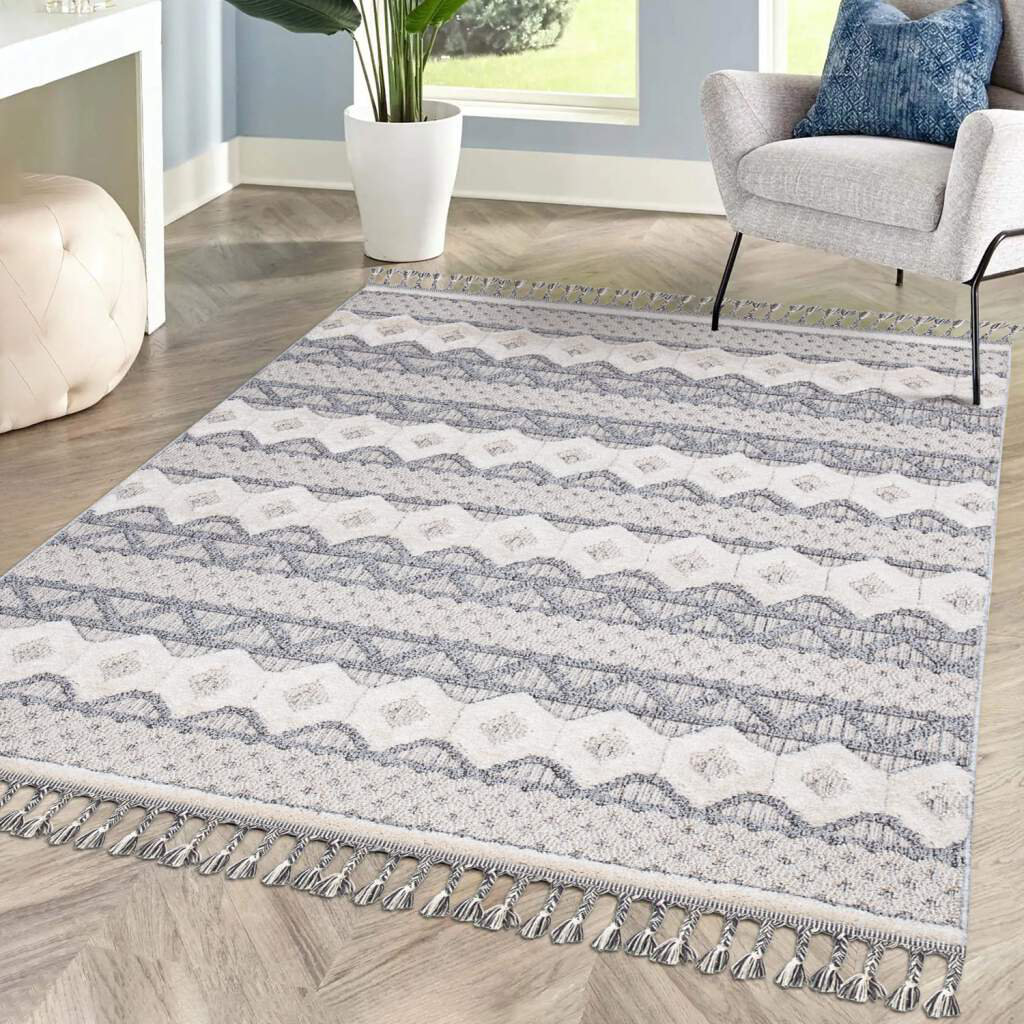 Teppich Wohnzimmer Boho-Stil Graublau Geometrisches Muster Relief-Optik 3D-Effekt Cut-&Loop Sisal Moderne Fransen Acelyn...