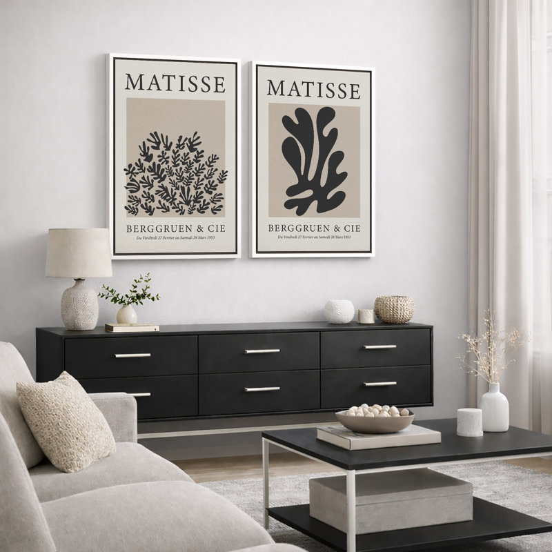 Classical Artwork "Henri Matisse, art botanique noir moderne, images murales neutres modernes, impression sur toile encadrée, ensemble de 2 pièces d'art mural" 16 x 24 x 2, 24 x 36 x 2