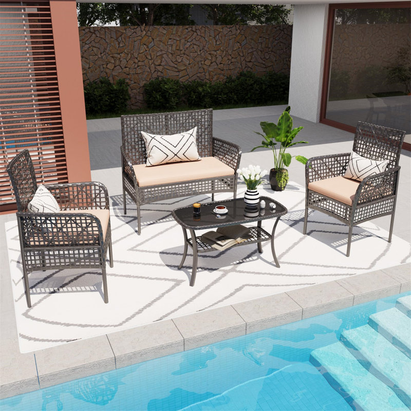 4 Pieces Outdoor Patio Furniture Set, Garden Conversation Set With Tempered Glass Table And Soft Cushions, Beige