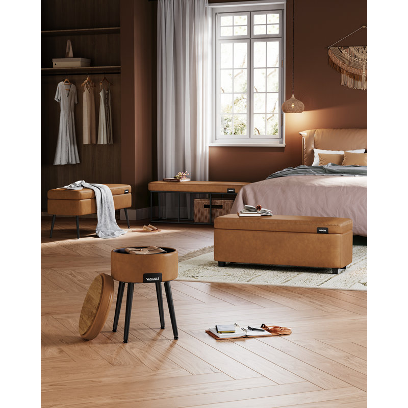 Synthetic Leather Round Ottoman With Storage, Brown