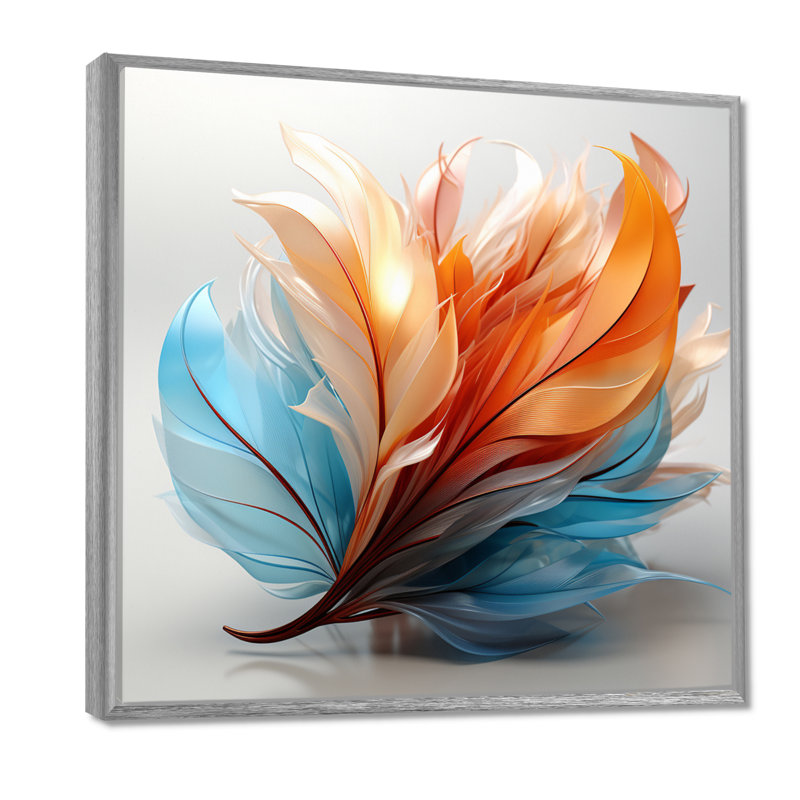 Fractal, plume d'ambre orange et turquoise I - art mural de plumes pour le salon, Reproduction avec cadre flottant