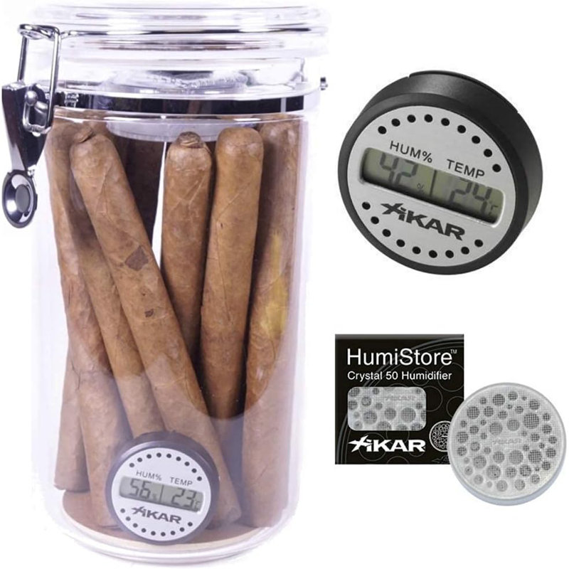 Pot à cigares en acrylique avec 1 hygromètre numérique rond Xikar et 1 humidificateur en cristal HumiStore