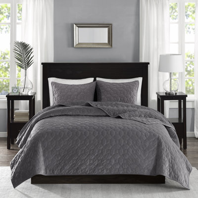 Courtepointe en velours 3 pièces gris double / grand - Courtepointe géométrique douce et élégante, 1 2 taies décoratives, rembourrage en coton confortable, conception de textile lavable à la machine avec matelassage pour plus de chaleur et de confort
