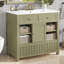 Meuble-lavabo de salle de bain avec lavabo, tiroirs et tablettes de rangement ouvertes-618166346