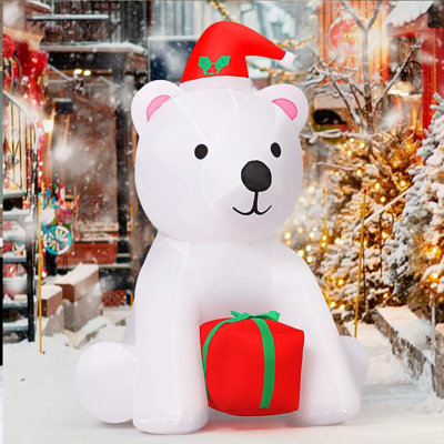 4 FT Christmas Inflatable Sitting Polar Bear Wearing Hat & Holding Gift Box with Built-in LED Lights