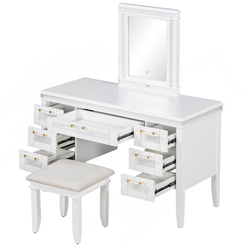 48" Vanity Desk with Mirror and Lights, Makeup Vanity with 7 Drawers and Cushioned Stool, Classic Beige Finish Dressing Table with Hollow Design Drawer for Bedroom, Rubber Wood Legs, Light Beige