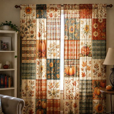 2Pcs Patchwork Curtains, Autumn Harvest Theme, Fall Floral & Pumpkin Prints, Light Filtering Fabric, Vintage Plaid Accents, Rod Pocket Design, Decorative Window Coverings for Living Room, Bedroom, Kitchen
